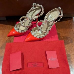 Valentino Rockstud Pointed Toe Red Patent Leather Heels
